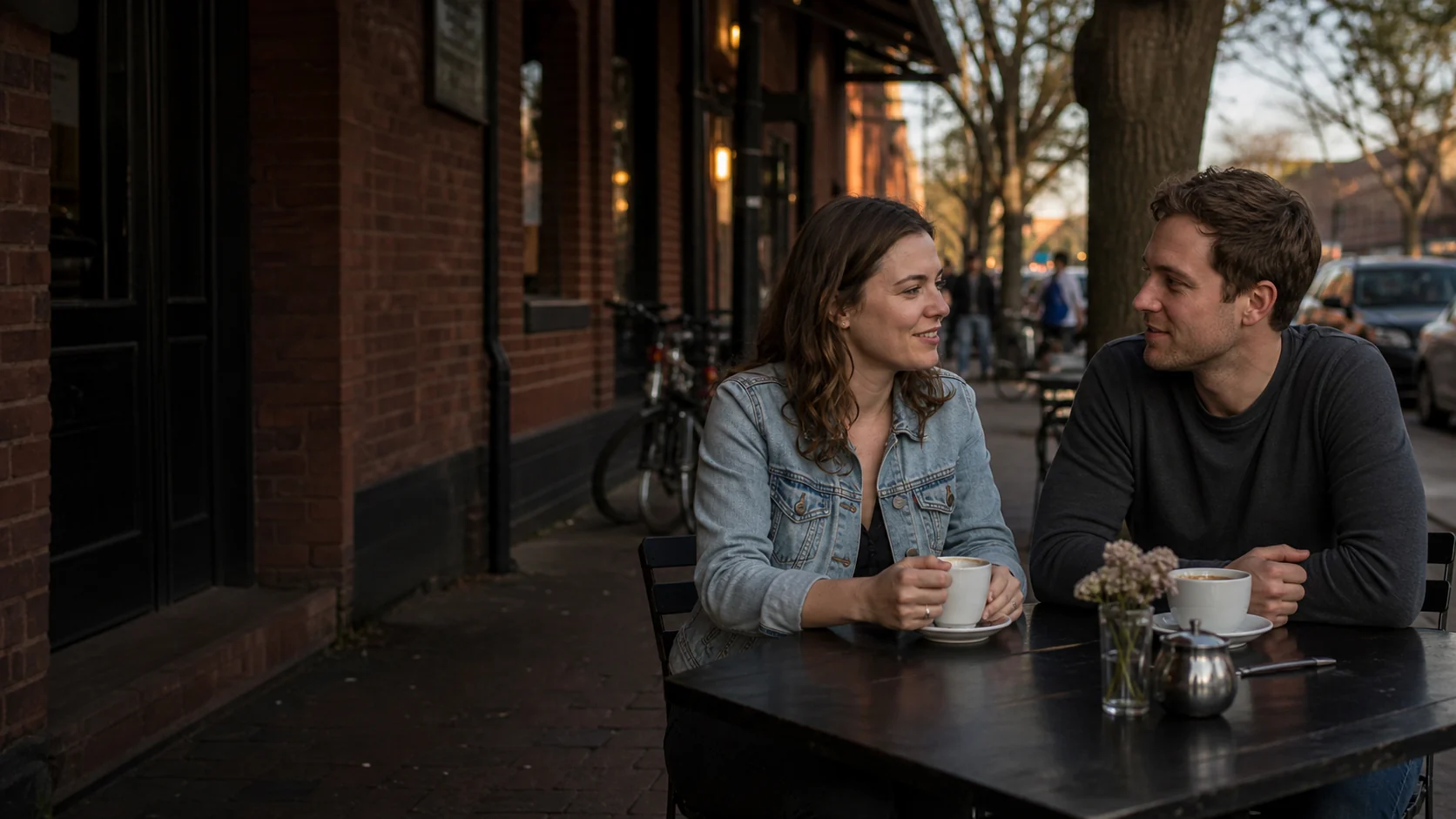 North Carolina couple talking over coffee at a Charlotte neighborhood café