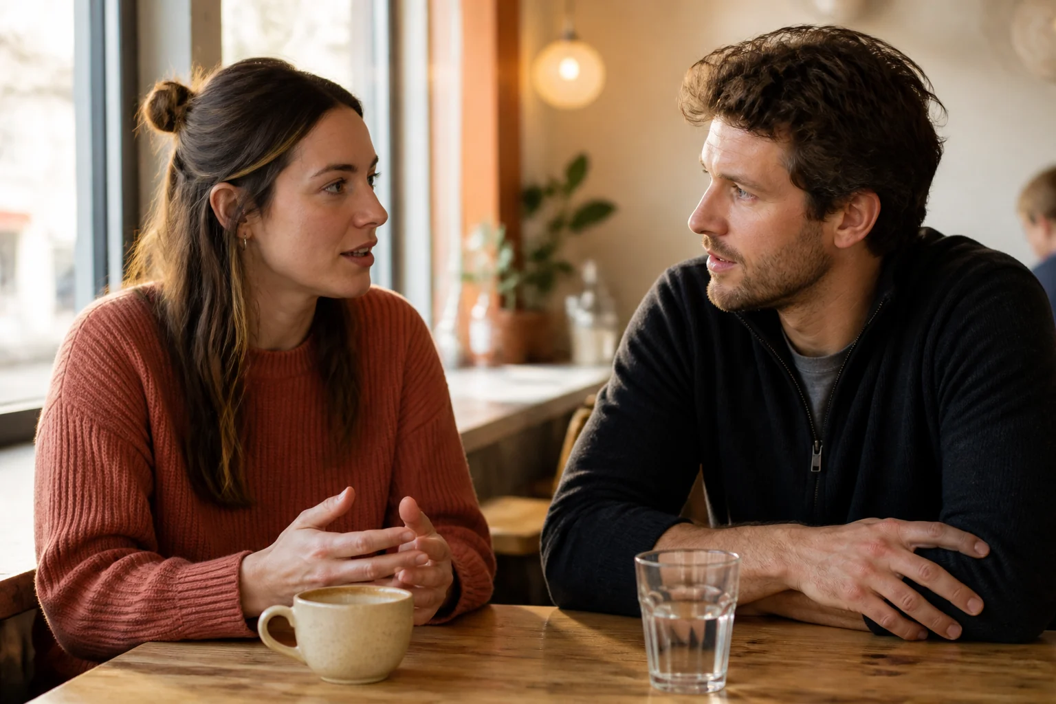 Two adults having a thoughtful conversation at a café